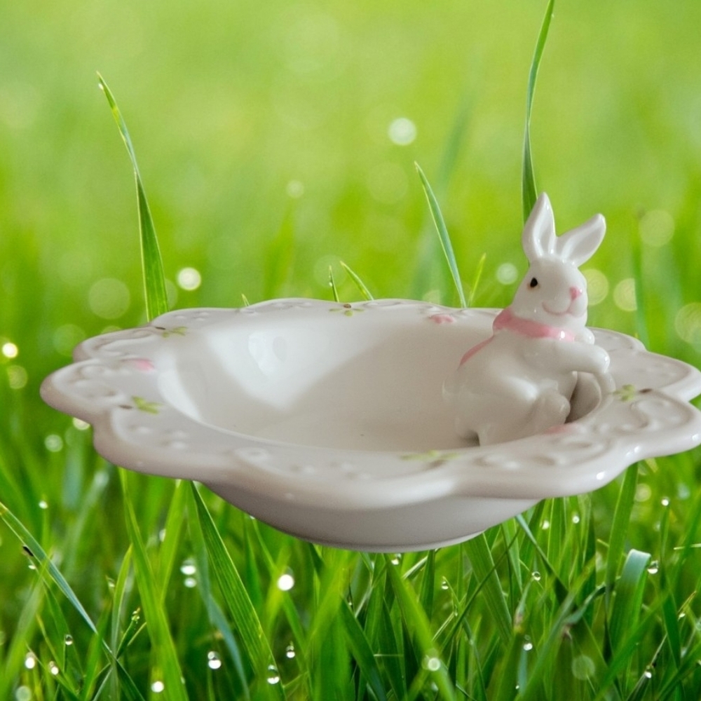 Porcelain Bunny Trinket Dish Colored Accents With Glitter Eggs 7" Width - Picture 3 of 11